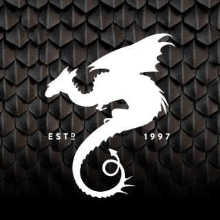 A white logo of a dragon on a black, scaly background